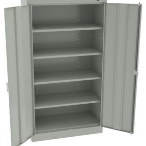 A grey metal storage cabinet with two open doors revealing four empty shelves. The cabinet is set against a plain white background.