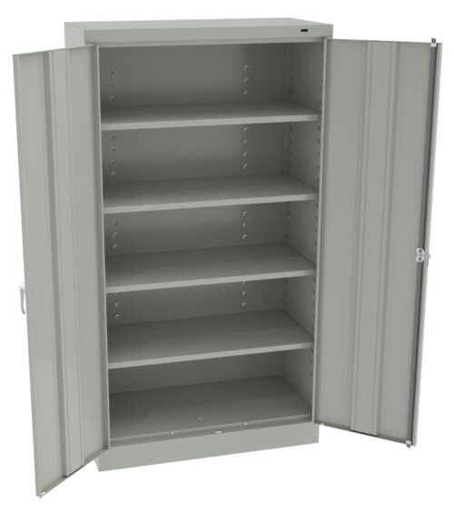 A grey metal storage cabinet with two open doors revealing four empty shelves. The cabinet is set against a plain white background.