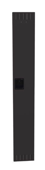 Tall, rectangular black locker door with a handle in the center and ventilation slats at the top and bottom.