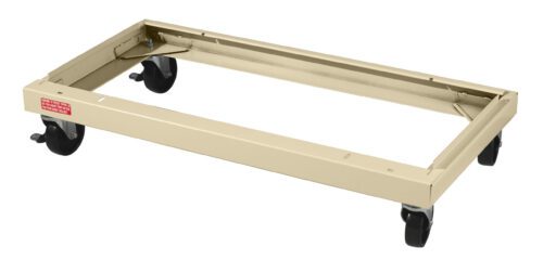 A beige rectangular metal dolly with four black caster wheels, designed for moving heavy items. The dolly frame has reinforced corners and a label on one side.