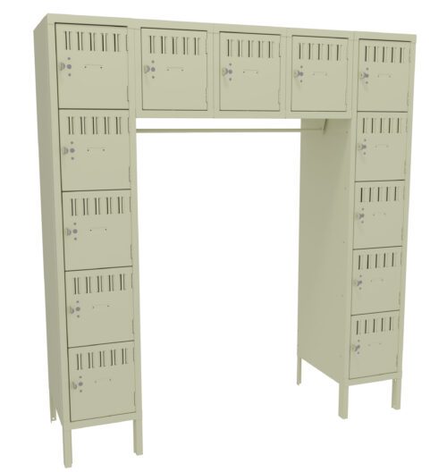 cx2swlcfsvqyj9i8cyqq.jpg A beige metal locker unit with a U-shaped design. It features sixteen individual compartments, eight on each side and an additional row of four at the top. Each compartment has a small latch for securing belongings.