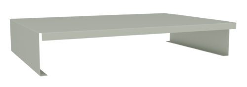 Simple, rectangular, light gray laptop stand with a flat top surface and open sides, elevating it slightly off the ground.