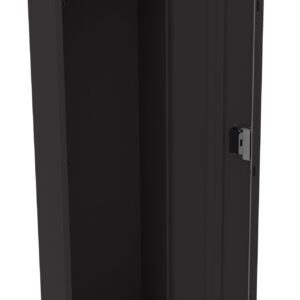 A tall, open black metal locker with one door ajar, revealing an empty interior. The locker has vent slits on the door and a hanging rod inside, standing on four short legs.