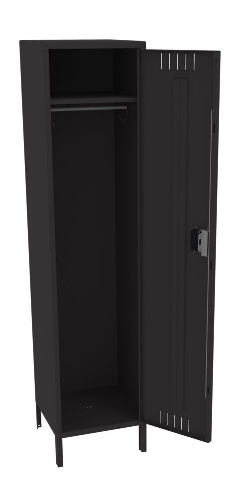A tall, open black metal locker with one door ajar, revealing an empty interior. The locker has vent slits on the door and a hanging rod inside, standing on four short legs.