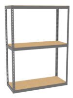 A metal shelf unit with two shelves, featuring a sturdy gray frame and wooden panels for storage. The shelf is empty, standing against a plain white background.