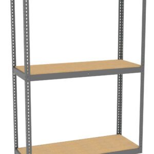 A metal shelf unit with two shelves, featuring a sturdy gray frame and wooden panels for storage. The shelf is empty, standing against a plain white background.