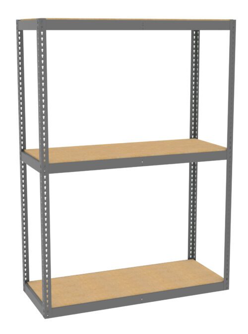 cyhtfazxlxm5cucsj9ff.jpg A metal shelf unit with two shelves, featuring a sturdy gray frame and wooden panels for storage. The shelf is empty, standing against a plain white background.