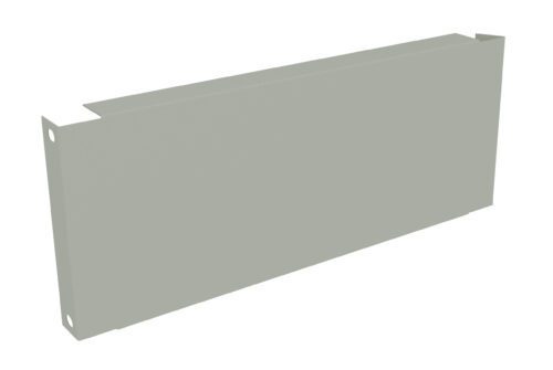 A rectangular, flat metal panel with mounting holes at each end and a slight lip on the top edge, angled to the side. The panel is light gray and appears to be a component for covering or protecting a surface or device.