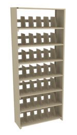 A tall, beige metal shelving unit with six shelves, each equipped with multiple vertical dividers, creating organized slots for storing items. The unit stands on a flat surface, highlighting its industrial design and functional structure.