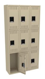 A beige metal locker with nine compartments, arranged in three rows of three. All doors are closed except one on the bottom left, which is slightly open, revealing an empty space inside. Each door has a black handle.