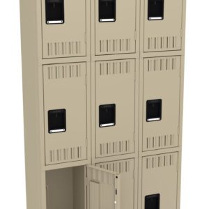 A beige metal locker with nine compartments, arranged in three rows of three. All doors are closed except one on the bottom left, which is slightly open, revealing an empty space inside. Each door has a black handle.