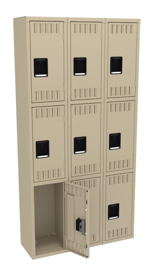 A beige metal locker with nine compartments, arranged in three rows of three. All doors are closed except one on the bottom left, which is slightly open, revealing an empty space inside. Each door has a black handle.