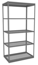 A tall, metal shelving unit with five adjustable shelves, constructed from a sturdy, open frame. The shelves are made of perforated metal, allowing for ventilation. The unit is freestanding and suitable for storage.
