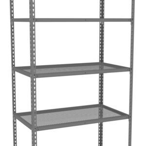 A tall, metal shelving unit with five adjustable shelves, constructed from a sturdy, open frame. The shelves are made of perforated metal, allowing for ventilation. The unit is freestanding and suitable for storage.