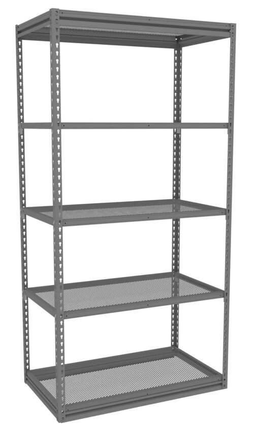 A tall, metal shelving unit with five adjustable shelves, constructed from a sturdy, open frame. The shelves are made of perforated metal, allowing for ventilation. The unit is freestanding and suitable for storage.