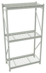 A metal shelving unit with three wire shelves and a sturdy frame. The design is open and industrial, suitable for storage and organization in spaces like garages or warehouses. The shelves have adjustable heights.