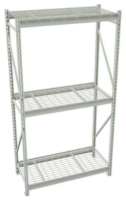 A metal shelving unit with three wire shelves and a sturdy frame. The design is open and industrial, suitable for storage and organization in spaces like garages or warehouses. The shelves have adjustable heights.