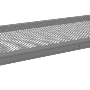 A gray perforated metal shelf with a rectangular shape is shown. The shelf features a grid of circular holes and has metal brackets on each end for mounting or attachment.