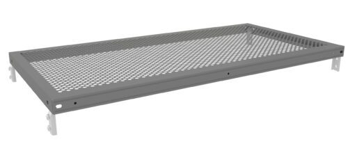 d0qlj7yjsxkvy8as057r.jpg A gray perforated metal shelf with a rectangular shape is shown. The shelf features a grid of circular holes and has metal brackets on each end for mounting or attachment.