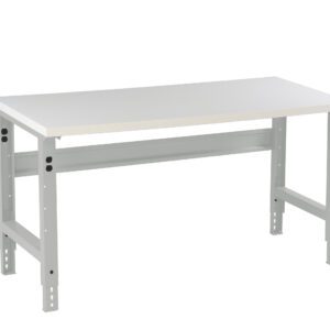 A simple white adjustable metal workbench with a flat rectangular surface and sturdy legs. The frame has adjustable holes for height modification. The design is minimal and functional, suitable for various workspace setups.