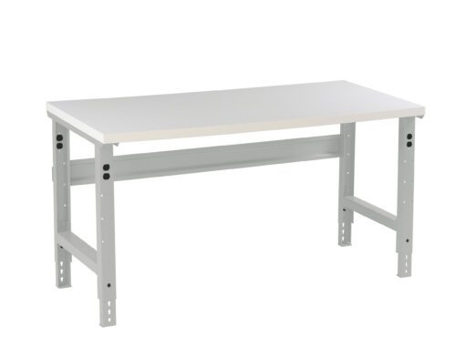 A simple white adjustable metal workbench with a flat rectangular surface and sturdy legs. The frame has adjustable holes for height modification. The design is minimal and functional, suitable for various workspace setups.