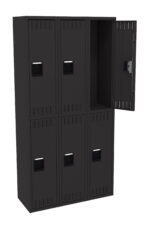 A set of six black metal lockers in two rows of three. One locker in the top right is open, revealing an empty interior. Each locker has a rectangular handle and small vents at the bottom.