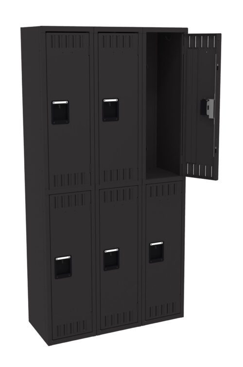 d1tvvqexakubzj06ye0v.jpg A set of six black metal lockers in two rows of three. One locker in the top right is open, revealing an empty interior. Each locker has a rectangular handle and small vents at the bottom.