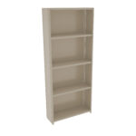 A beige metal shelving unit with five evenly spaced shelves, featuring a simple design and perforated side panels. The shelves are empty, and the unit stands against a plain white background.