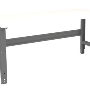 A workshop table with a sturdy white tabletop and gray metal legs. The table features an industrial design with adjustable leg holes for customization. Ideal for use in garages or workshops.
