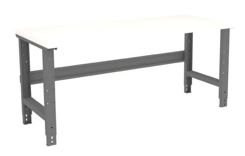 A workshop table with a sturdy white tabletop and gray metal legs. The table features an industrial design with adjustable leg holes for customization. Ideal for use in garages or workshops.
