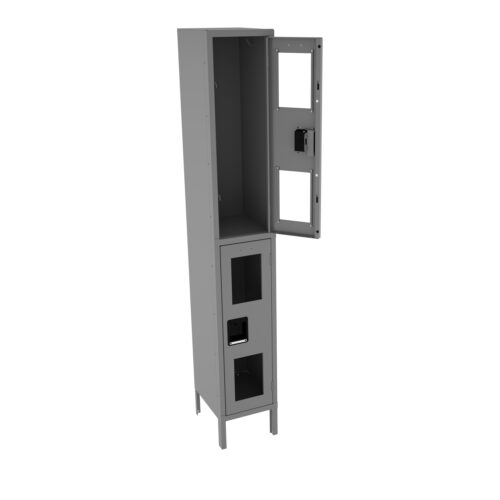 A tall, narrow metal cabinet with one door open, revealing two compartments. The door has three rectangular cutouts and a handle on its edge. The cabinet is grey and stands on four short legs.
