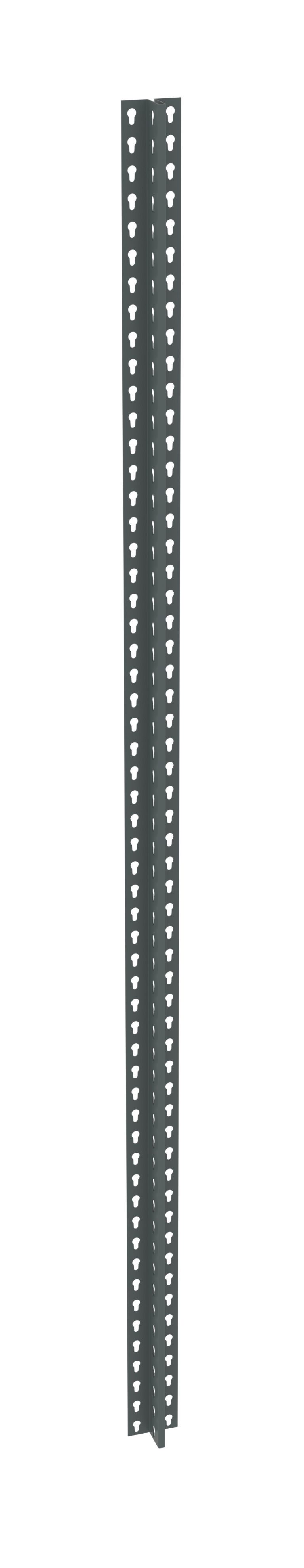 Tall metal post with a dark finish, featuring a central vertical seam and rows of small, evenly spaced triangular holes running along its length.