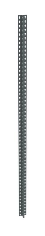 Tall metal post with a dark finish, featuring a central vertical seam and rows of small, evenly spaced triangular holes running along its length.
