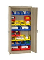 A metal storage cabinet with one door open, revealing shelves filled with colorful plastic bins. The bins contain various small items like screws, nails, and other hardware components organized neatly.