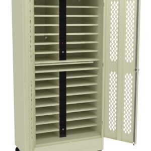 A beige, wheeled charging cart with an open door, revealing multiple vertical slots for storing devices. The cart has mesh panels on the doors for ventilation and power strips inside for charging.