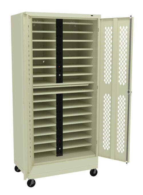 A beige, wheeled charging cart with an open door, revealing multiple vertical slots for storing devices. The cart has mesh panels on the doors for ventilation and power strips inside for charging.