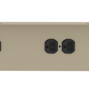 A beige power strip with eight black electrical outlets, a red switch, and a round indicator light on a white background.