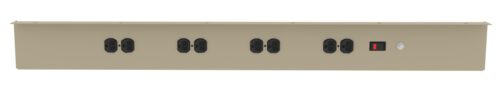 d61v1nnvy1ufaubnlwhb.jpg A beige power strip with eight black electrical outlets, a red switch, and a round indicator light on a white background.