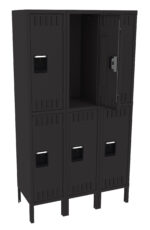 A black, metal locker unit with six compartments arranged in two rows. The top middle locker door is open, revealing an empty interior. The locker has handles on each compartment door.