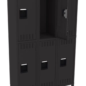 A black, metal locker unit with six compartments arranged in two rows. The top middle locker door is open, revealing an empty interior. The locker has handles on each compartment door.