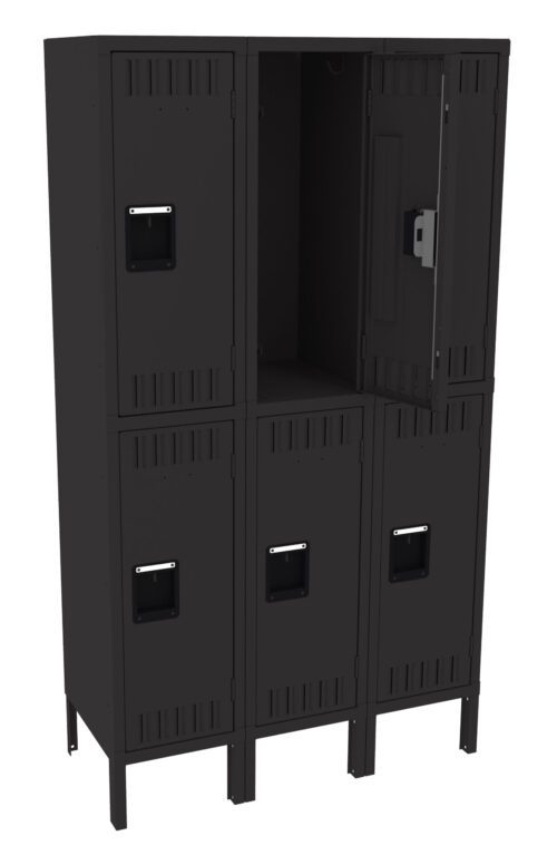 A black, metal locker unit with six compartments arranged in two rows. The top middle locker door is open, revealing an empty interior. The locker has handles on each compartment door.