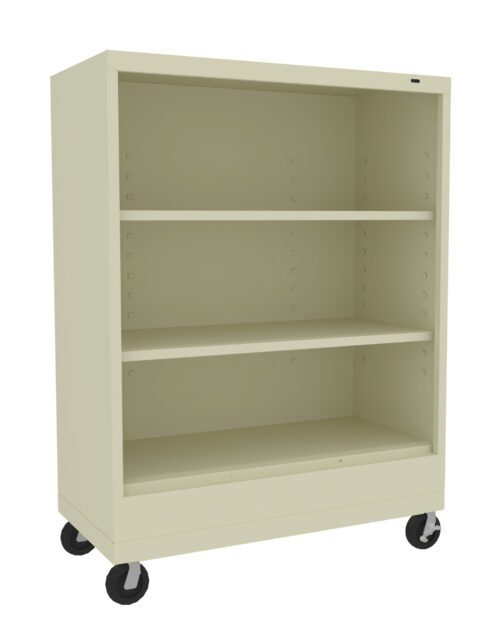 A beige, three-shelf metal storage cart with wheels is shown. The shelves are empty, and the cart has a sturdy, simplistic design suitable for office or home use.
