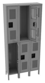 A 3D rendering of a six-compartment metal locker unit with two rows and three columns. Some locker doors are open, revealing empty interior spaces. The lockers are gray with black handles.