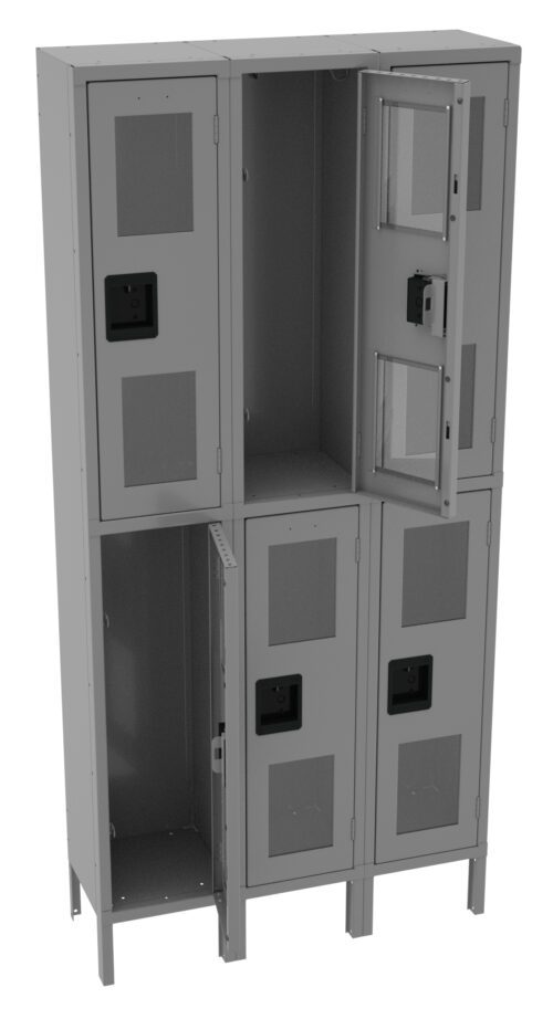 A 3D rendering of a six-compartment metal locker unit with two rows and three columns. Some locker doors are open, revealing empty interior spaces. The lockers are gray with black handles.