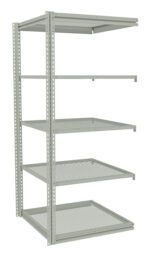 A set of industrial metal shelves with perforated surfaces, consisting of five tiers and a light gray finish. The shelving unit is empty and stands alone against a plain white background.