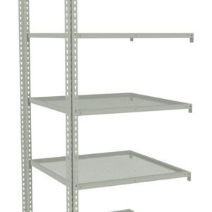 A set of industrial metal shelves with perforated surfaces, consisting of five tiers and a light gray finish. The shelving unit is empty and stands alone against a plain white background.