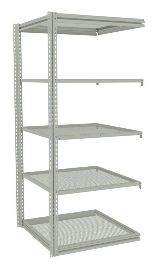 A set of industrial metal shelves with perforated surfaces, consisting of five tiers and a light gray finish. The shelving unit is empty and stands alone against a plain white background.