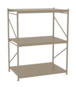 A beige metal shelving unit with three large shelves and a slatted design. It features sturdy frame supports on the sides and back, suitable for organizing or storing items in a garage or warehouse setting.