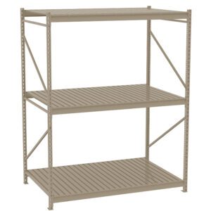 A beige metal shelving unit with three large shelves and a slatted design. It features sturdy frame supports on the sides and back, suitable for organizing or storing items in a garage or warehouse setting.