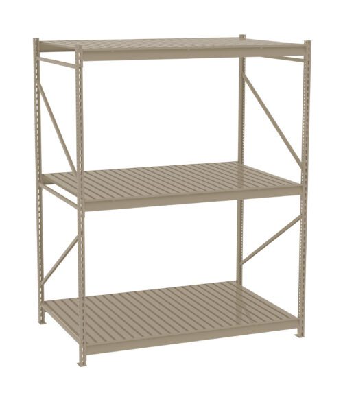 d7ep2vf3by6mvrfjotqy.jpg A beige metal shelving unit with three large shelves and a slatted design. It features sturdy frame supports on the sides and back, suitable for organizing or storing items in a garage or warehouse setting.